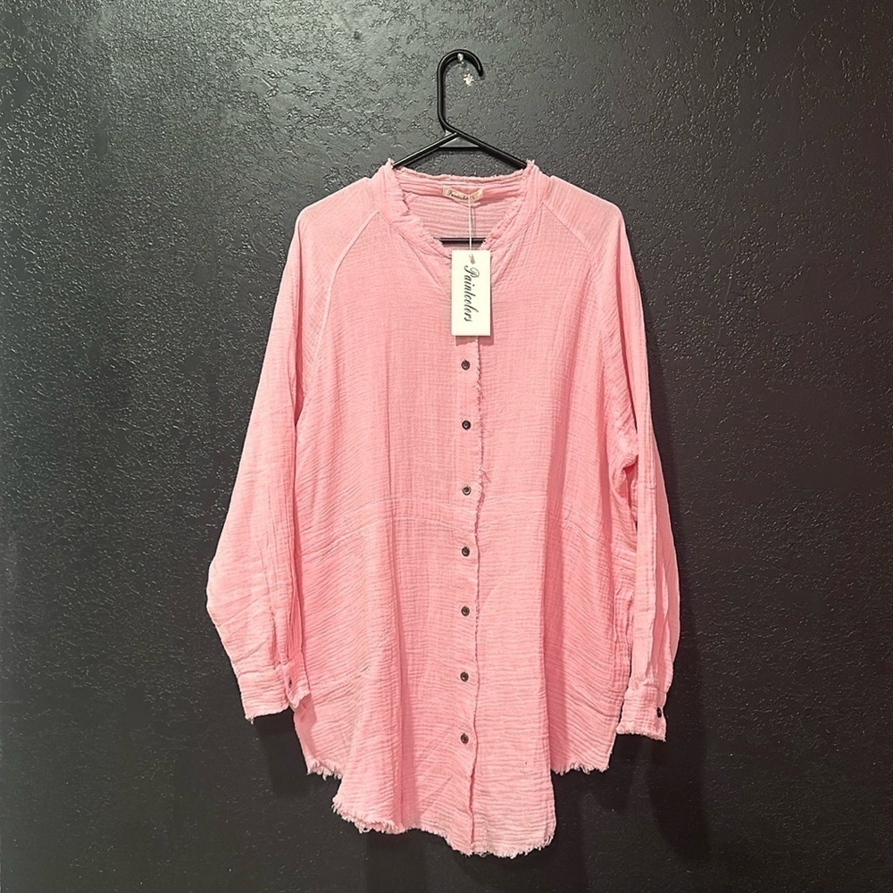 Paintcolors Pink Button Down Long Sleeve Tunic Dress Size L Nwt